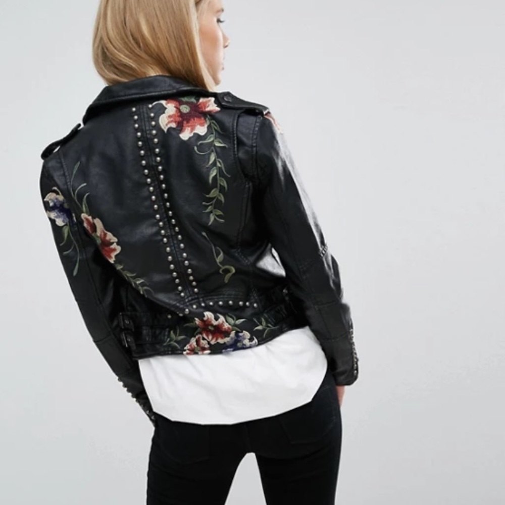 BlankNYC Studded Floral Faux Leather Moto Jacket